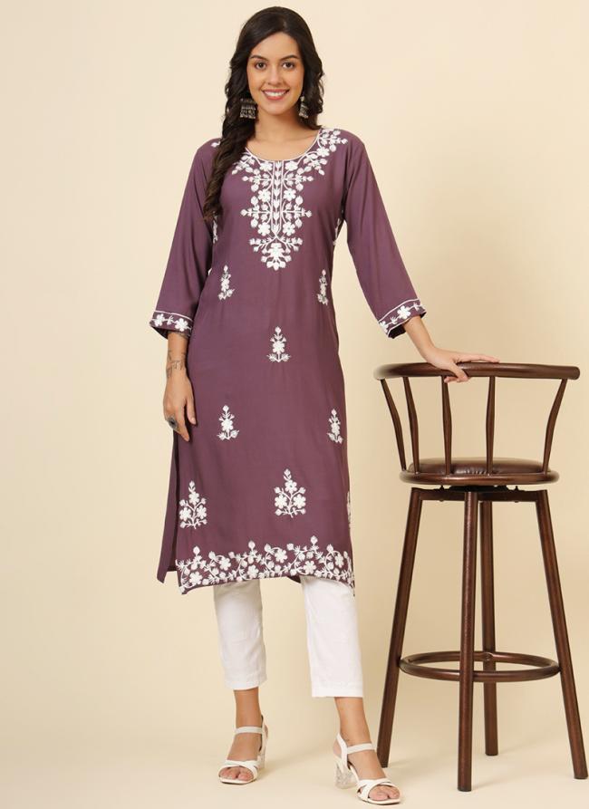 Rayon Dusty Purple Casual Wear Lucknowi Chikankari Work Readymade Kurti